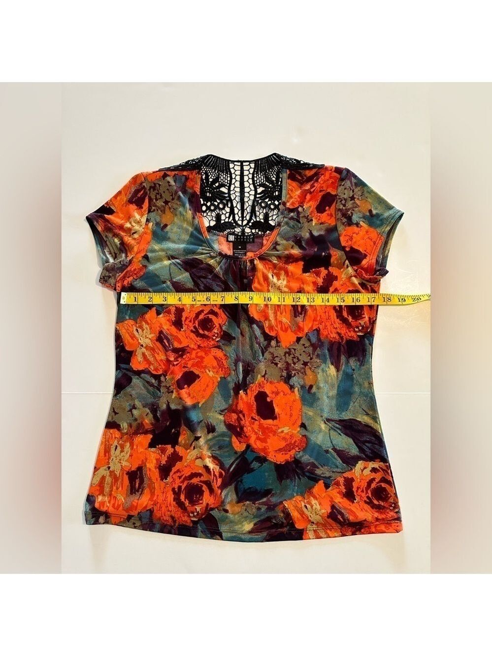 Fall Festival Whimsgoth Blouse Orange & Black Lace Sheer Back Womens Medium - Picture 9 of 13